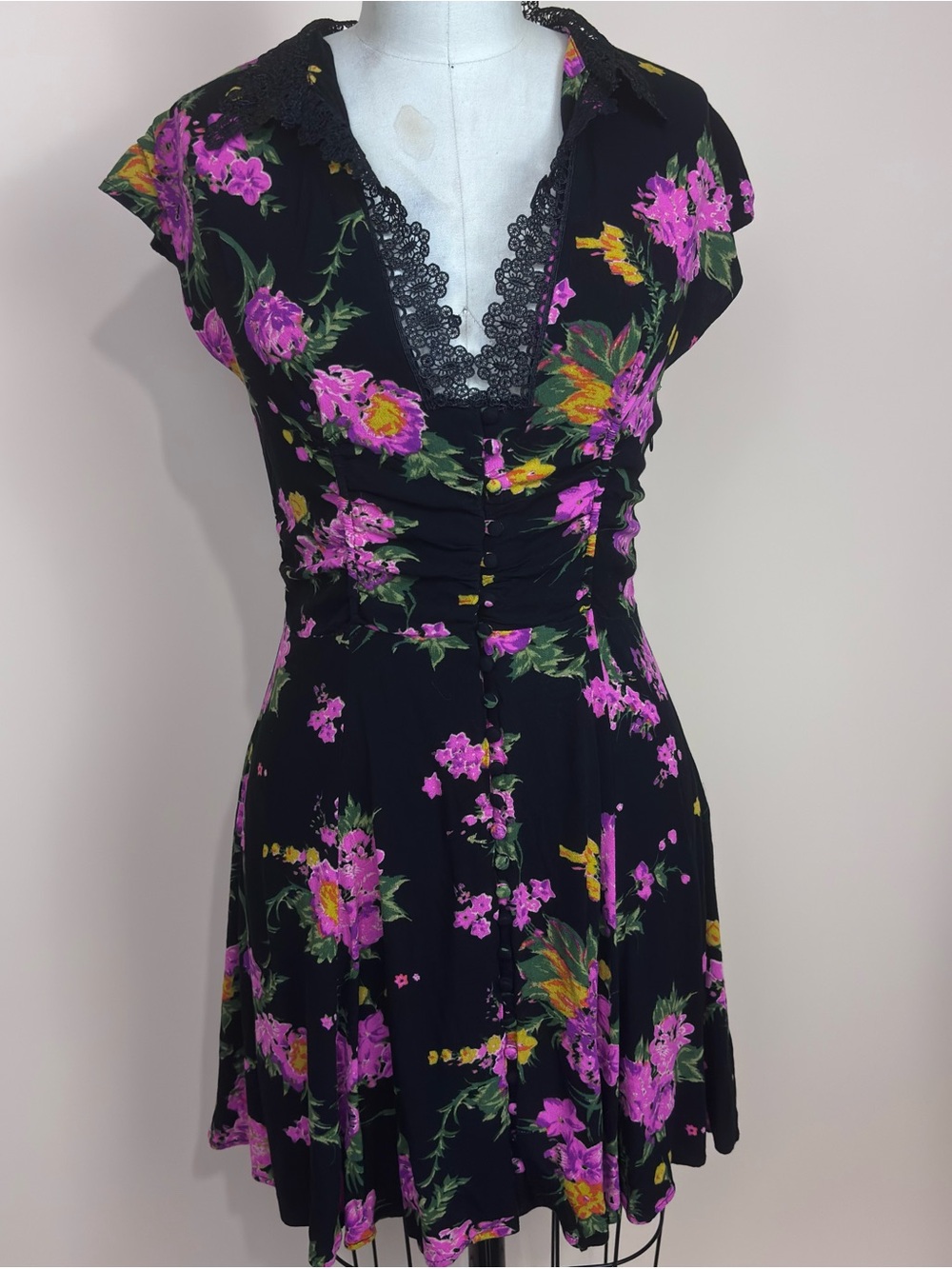 Free People Black Floral Ruched Mini Dress 4